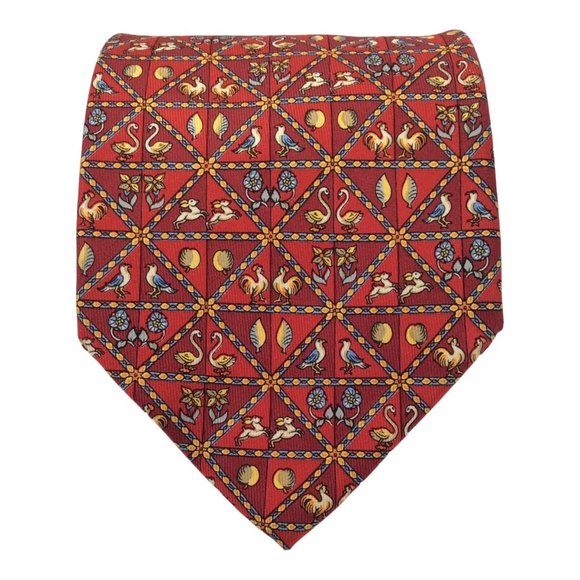SALVATORE FERRAGAMO Red Animals & Flower Print Silk Tie Italy 59”/ 3.3/4" EX CD